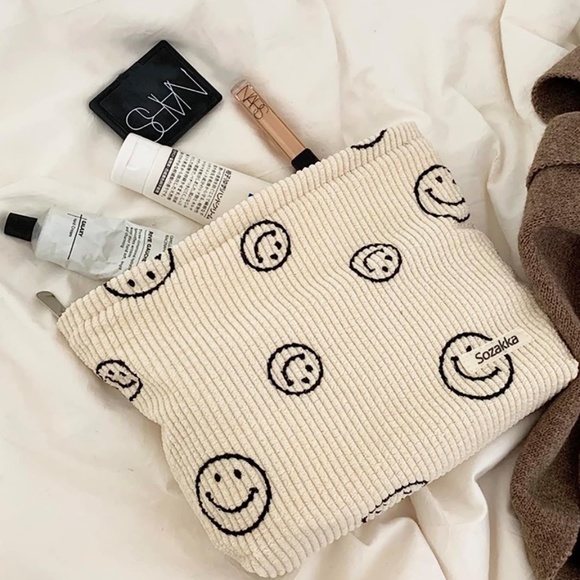 Smiley Face Corduroy Cosmetic Bag - Picture 1 of 9